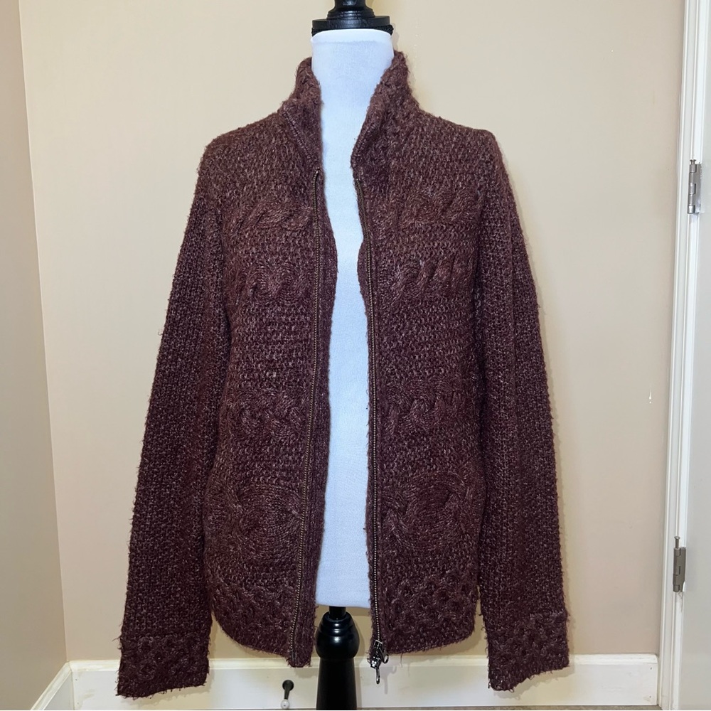 J. Jill Women’s Wine Colored Cable Knit Soft Warm Zip Up Cardigan Sweater Size M
